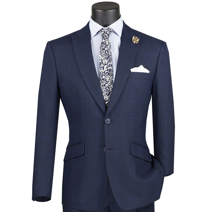 Glen Plaid Stretch Slim-Fit Suit in Navy Blue