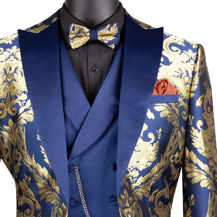 Jacquard Modern-Fit 3-Piece Tuxedo w/ Matching Bow-Tie in Navy & Gold