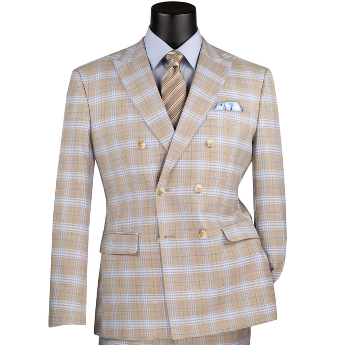 Windowpane Double-Breasted Slim-Fit Suit in Tan