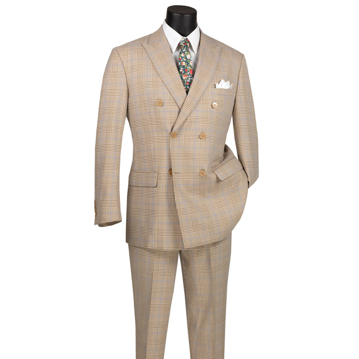 Plaid Double-Breasted Classic-Fit Suit in Beige