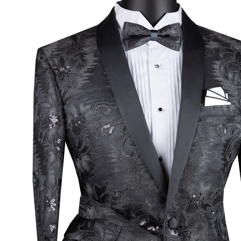 Paisley Embroidered Slim-Fit Blazer w/ Bow Tie in Black