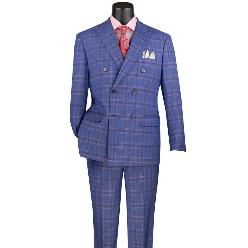 Plaid Stretch Double Breasted Modern-Fit Suit in Blue