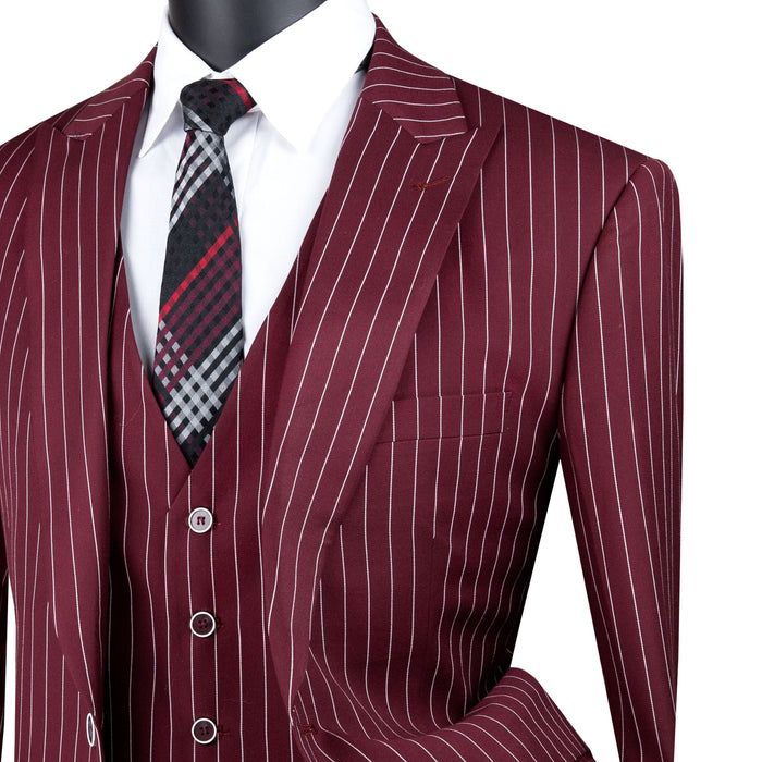 Gangster Stripe 3-Piece Classic-Fit Suit in Burgundy
