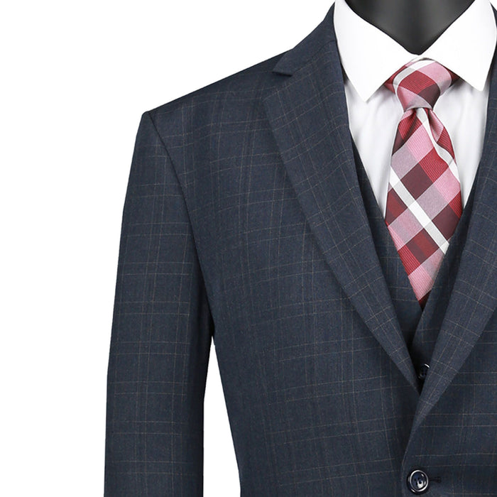 Windowpane Plaid 3-Piece Classic-Fit Suit in Navy Blue