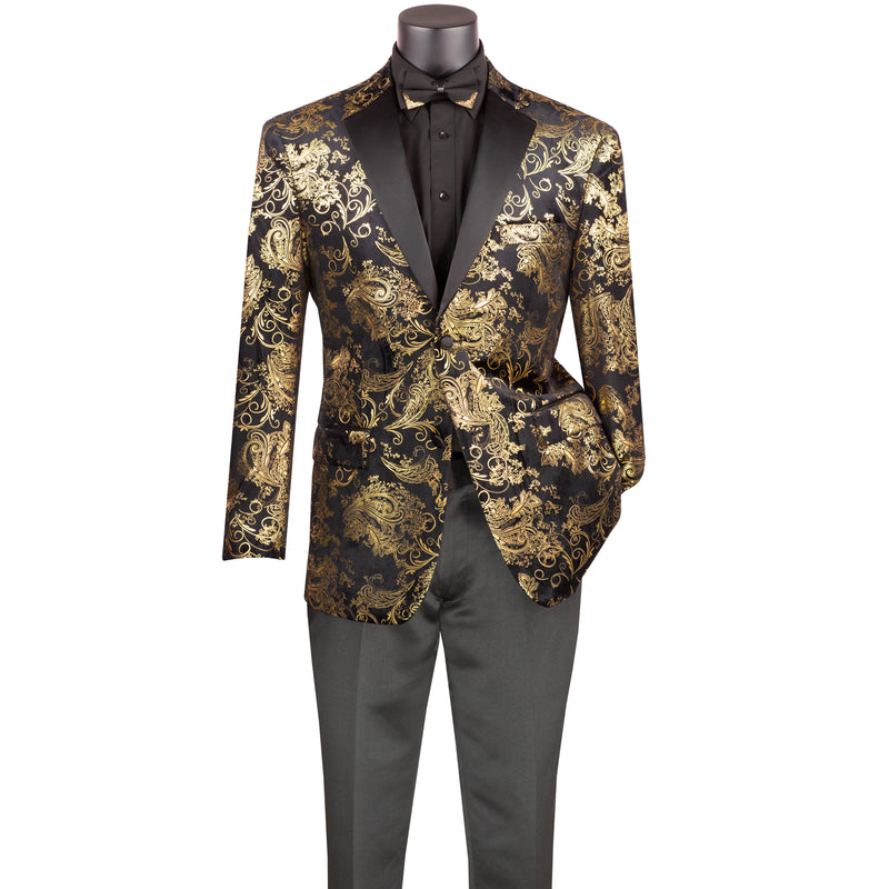 Paisley Embossed Modern-Fit Tuxedo Jacket in Gold & Black