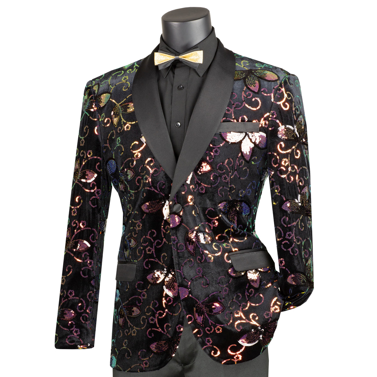 Floral Sequins Velvet Slim-Fit Tuxedo Jacket in Black