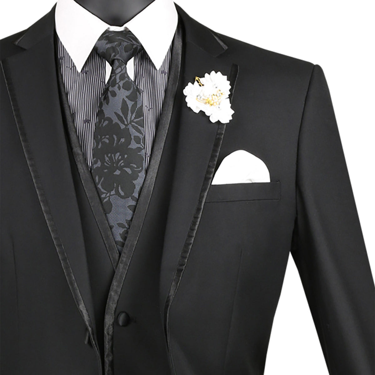 Trimmed 3-Piece Slim-Fit Tuxedo in Black