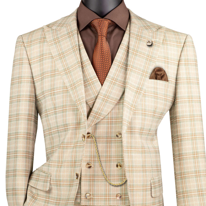 Plaid 3-Piece Modern-Fit Suit in Khaki