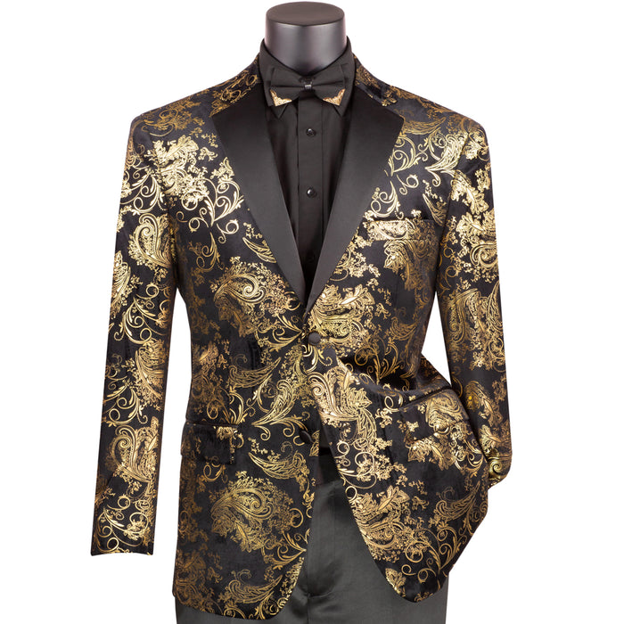Paisley Embossed Modern-Fit Tuxedo Jacket in Gold & Black