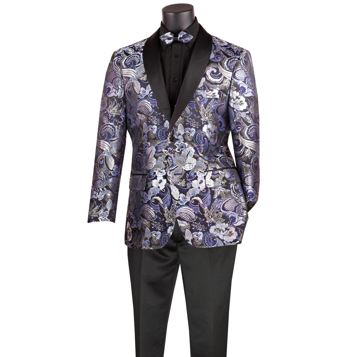 Floral Modern-Fit Shawl-Collar Metallic Tuxedo Jacket in Navy Blue