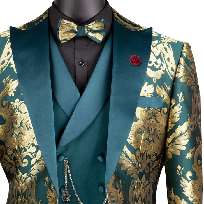 Jacquard Modern-Fit 3-Piece Tuxedo w/ Matching Bow-Tie in Emerald & Gold