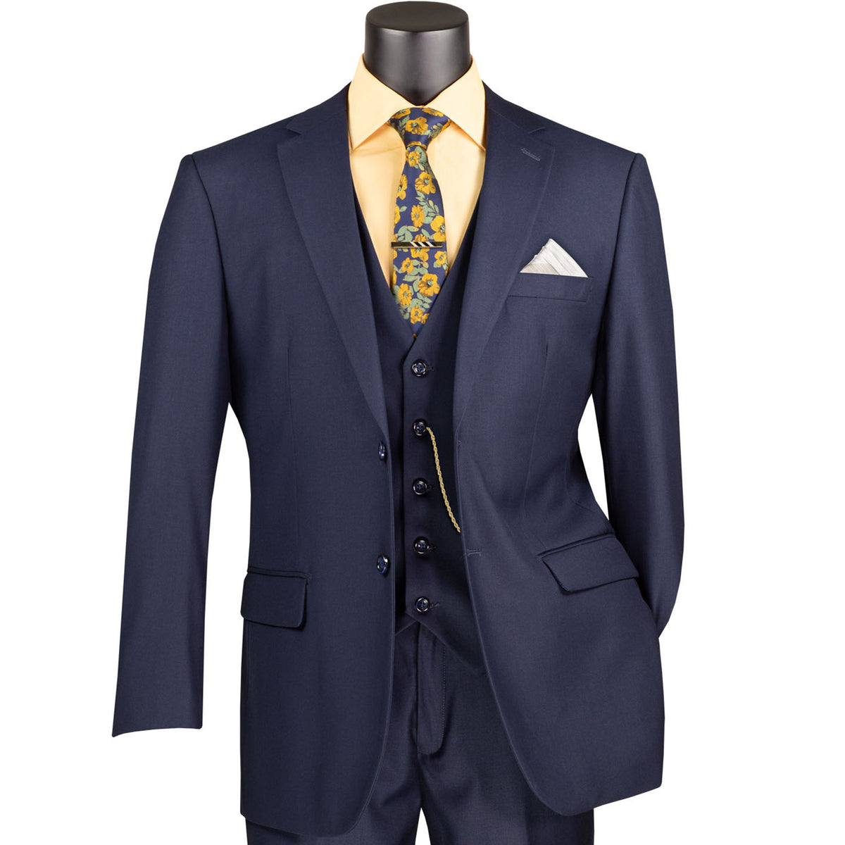 3 Piece 2 Button Classic Fit Suit w/ Flexible Waistband in Navy Blue