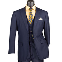 3 Piece 2 Button Classic Fit Suit w/ Flexible Waistband in Navy Blue
