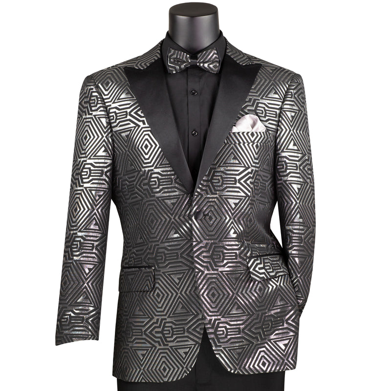 Geometric Jacquard Modern-Fit Metallic Tuxedo Jacket in Silver