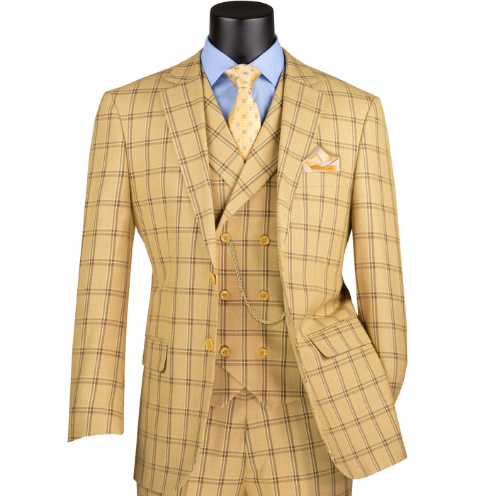 Windowpane 3-Piece Modern Fit Suit in Tan