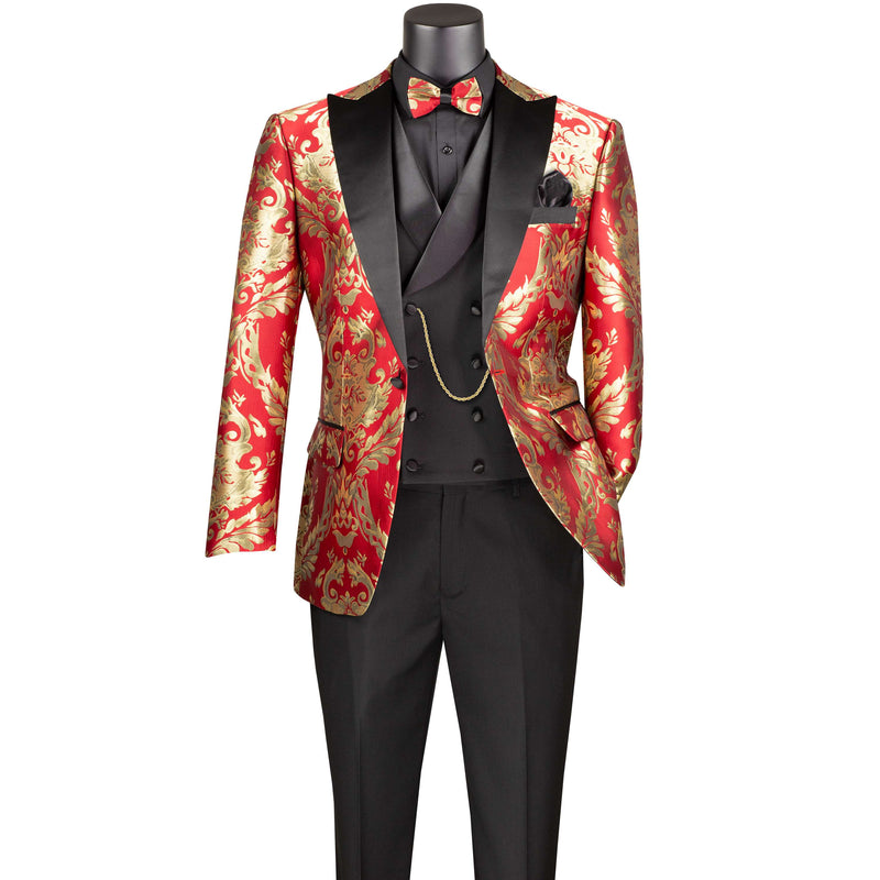 Jacquard Modern-Fit 3-Piece Tuxedo w/ Matching Bow-Tie in Red & Gold