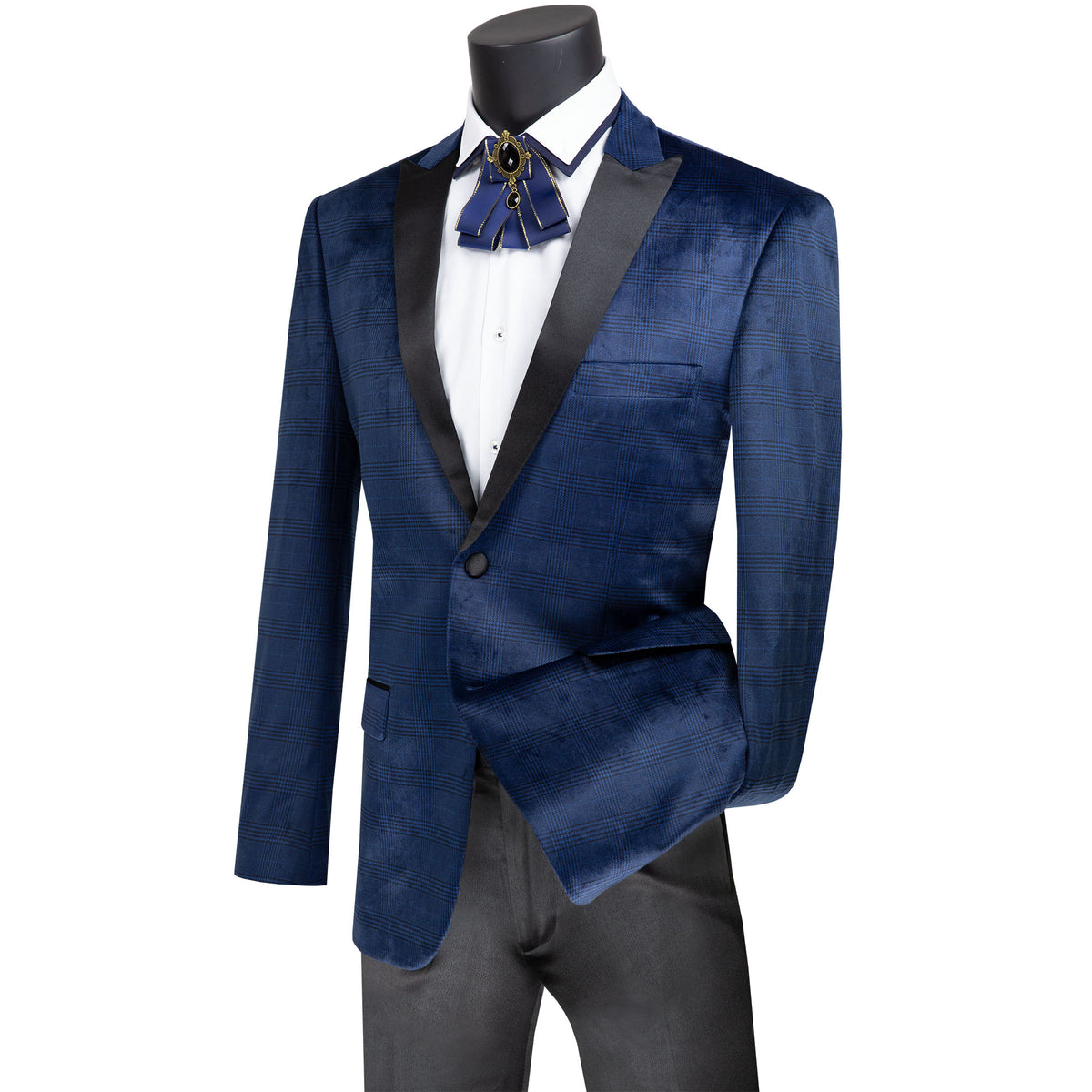 Glen Plaid Slim-Fit Velvet Tuxedo Jacket in Navy Blue