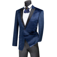 Glen Plaid Slim-Fit Velvet Tuxedo Jacket in Navy Blue