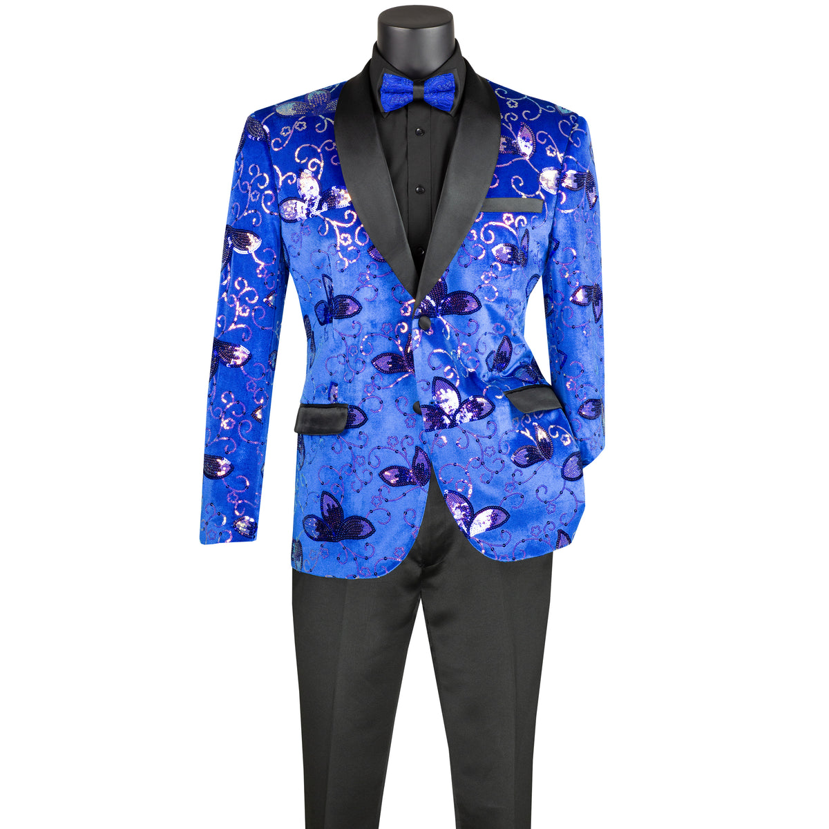 Floral Sequins Velvet Slim-Fit Tuxedo Jacket in Royal Blue