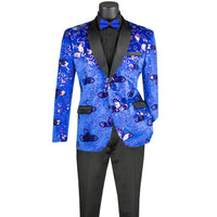 Floral Sequins Velvet Slim-Fit Tuxedo Jacket in Royal Blue