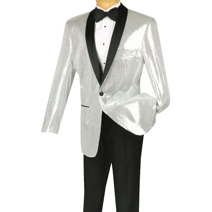 Sequins Disco Shawl-Collar Tuxedo Jacket in Silver