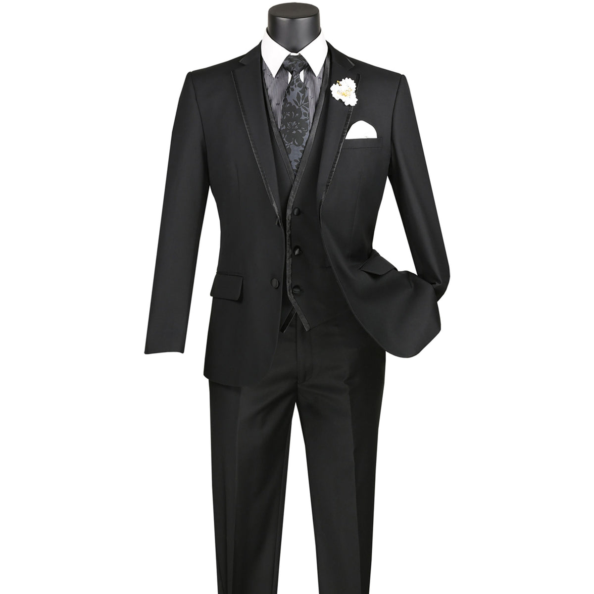 Trimmed 3-Piece Slim-Fit Tuxedo in Black