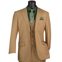 3 Piece 2 Button Classic Fit Suit w/ Flexible Waistband in Khaki