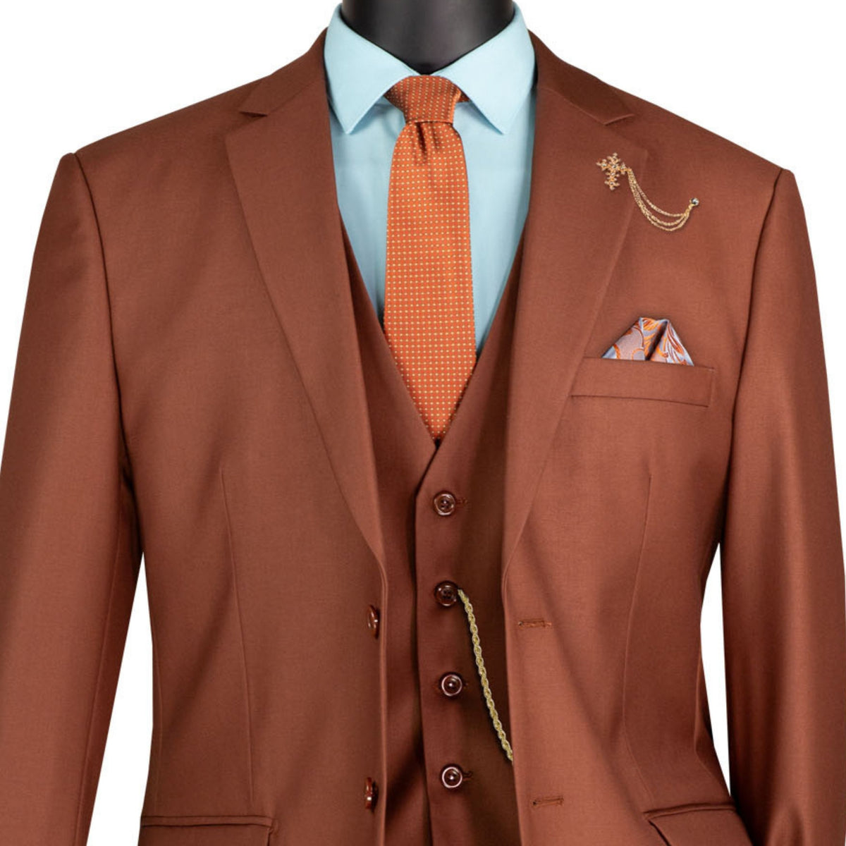3 Piece 2 Button Classic Fit Suit w/ Flexible Waistband in Cognac
