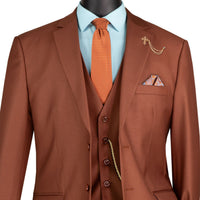 3 Piece 2 Button Classic Fit Suit w/ Flexible Waistband in Cognac