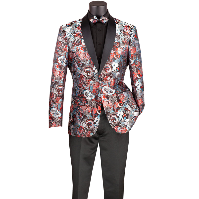 Floral Modern-Fit Shawl-Collar Metallic Tuxedo Jacket in Burgundy