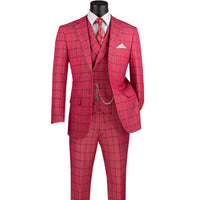 Windowpane 3-Piece Modern Fit Suit in Raspberry Red