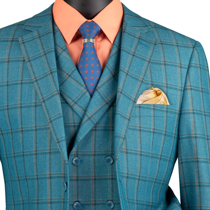 Windowpane 3-Piece Modern Fit Suit in Teal Blue