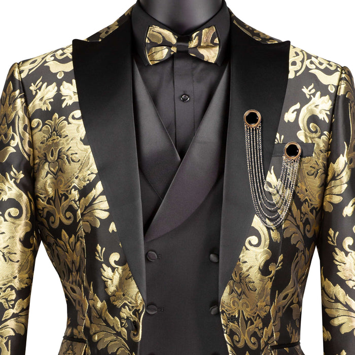 Jacquard Modern-Fit 3-Piece Tuxedo w/ Matching Bow-Tie in Black & Gold