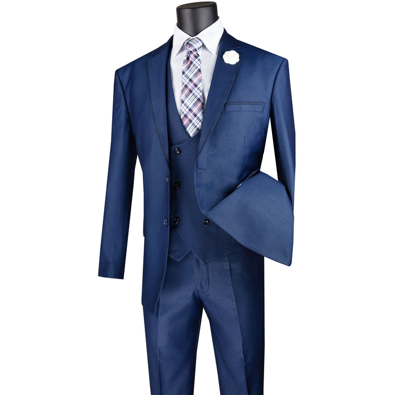 Birdseye 3-Piece Modern-Fit Suit w/ Contrast Trim in Navy Blue