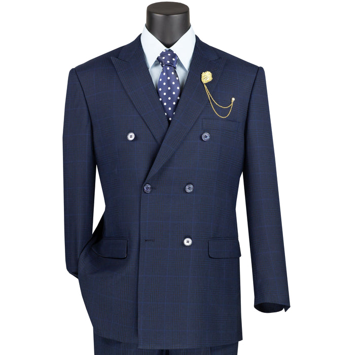 Plaid Double-Breasted Classic-Fit Suit in Navy Blue
