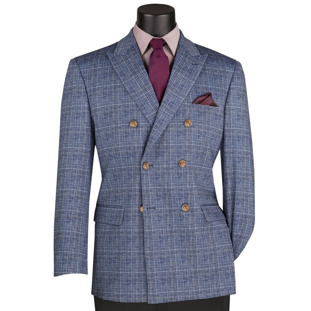 Glen Plaid Double Breasted Stretch Regular Fit Blazer in Blue