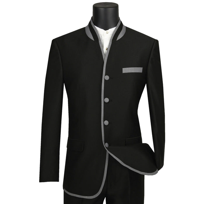 Sharkskin Banded-Collar Slim-Fit Tuxedo in Black