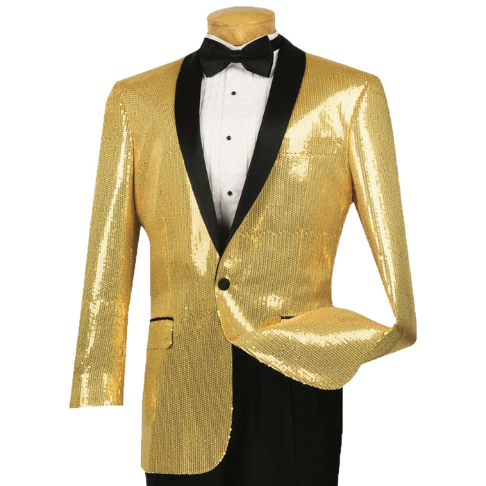 Sequins Disco Shawl-Collar Tuxedo Jacket in Gold