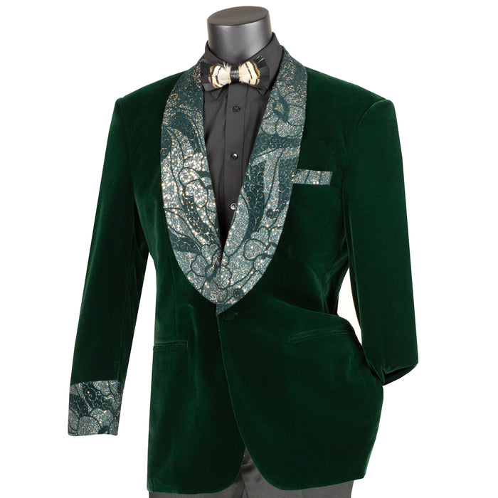 Velvet Blazer w/ Floral Shawl Collar & Cuff in Emerald Green