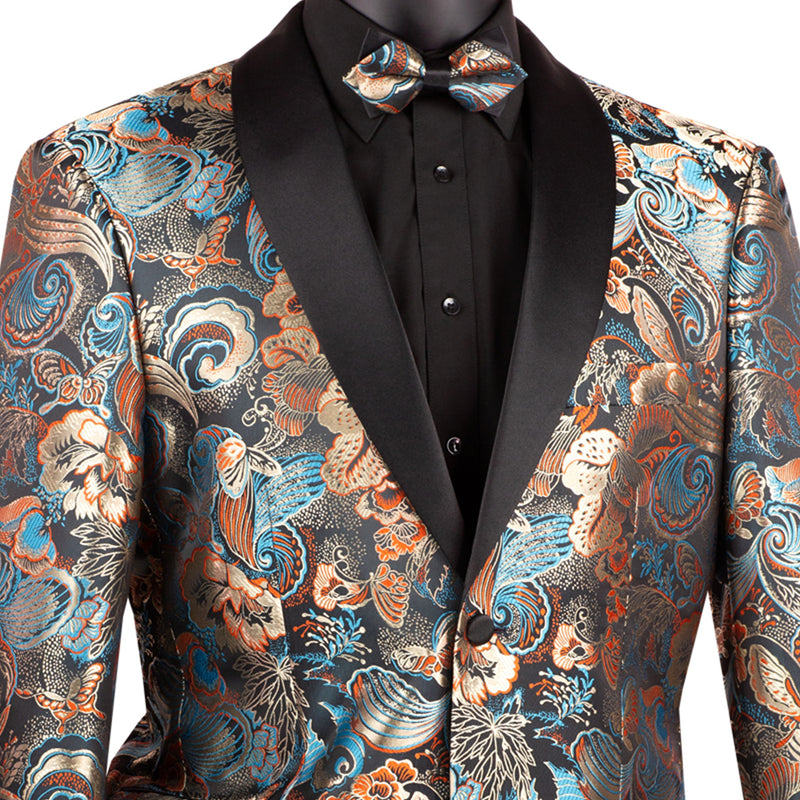 Floral Modern-Fit Shawl-Collar Metallic Tuxedo Jacket in Teal Blue