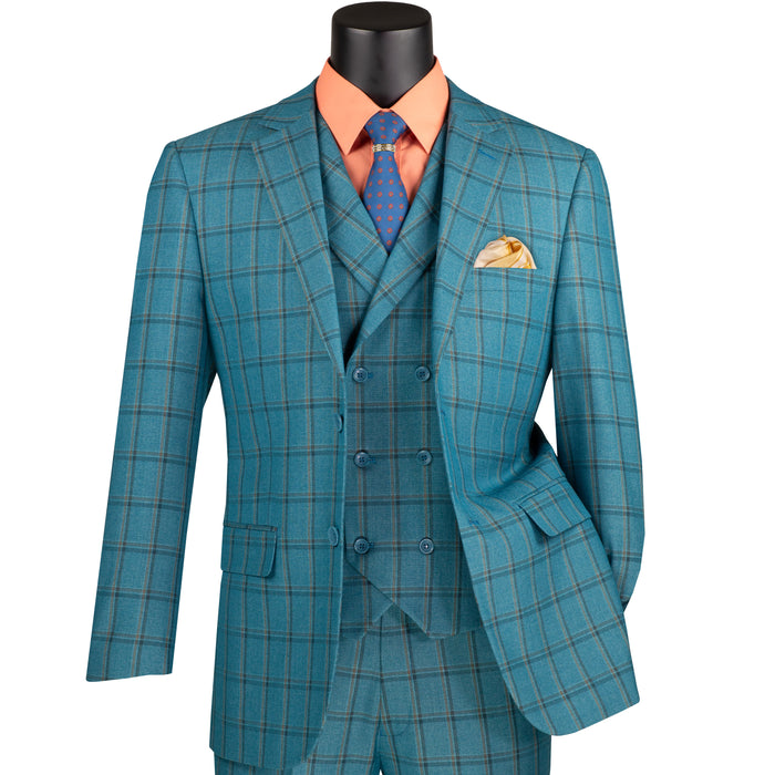 Windowpane 3-Piece Modern Fit Suit in Teal Blue