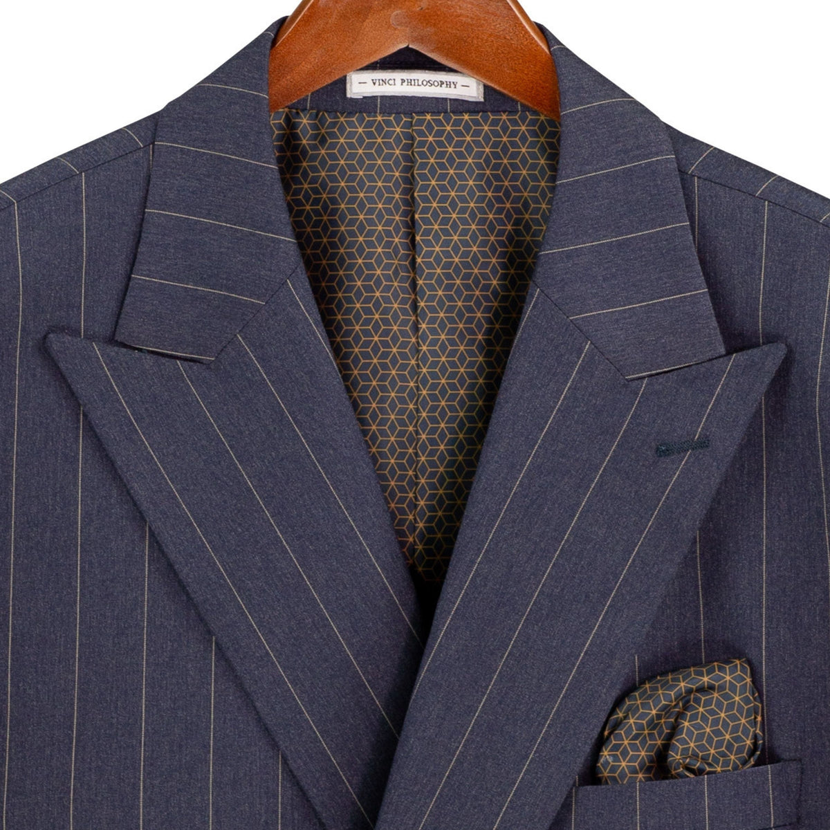Wide Striped Double Breasted Regular Fit Suit w/ Adjustable Waistband in Denim Blue