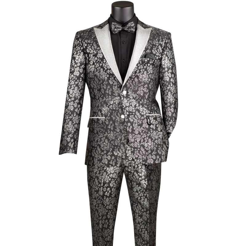 Jacquard Slim-Fit Tuxedo w/ Matching Bow-Tie in Black