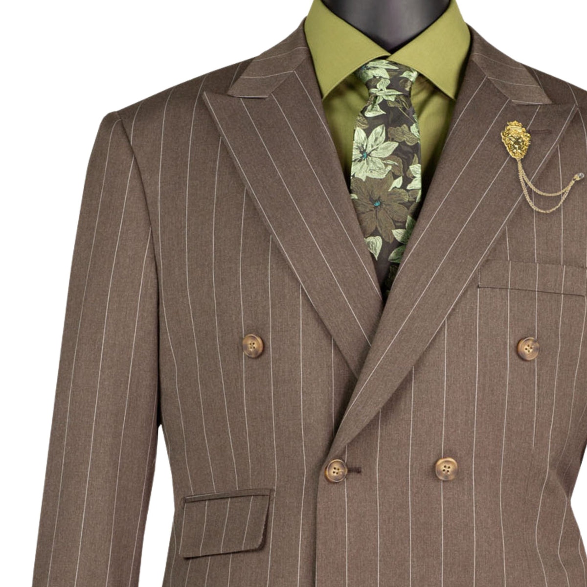 Wide Striped Double Breasted Regular Fit Suit w/ Adjustable Waistband in Brown