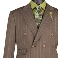 Wide Striped Double Breasted Regular Fit Suit w/ Adjustable Waistband in Brown