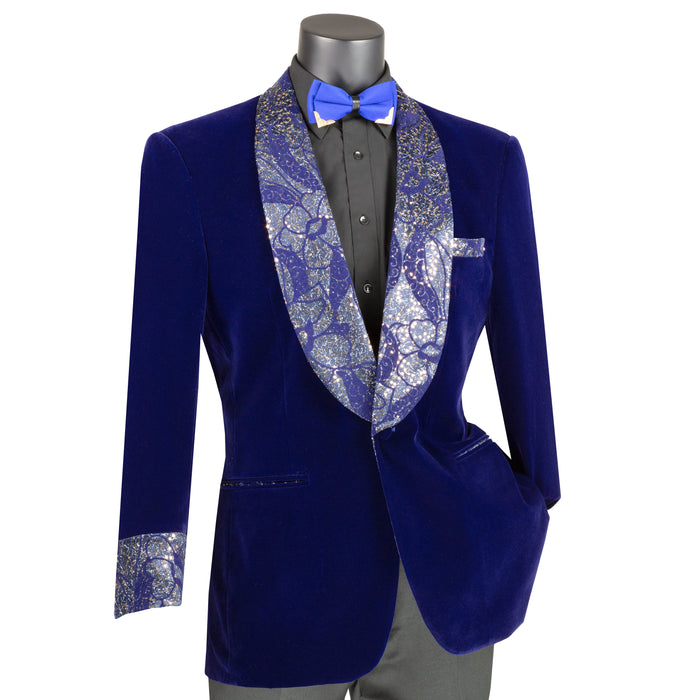 Velvet Blazer w/ Floral Shawl Collar & Cuff in Navy Blue