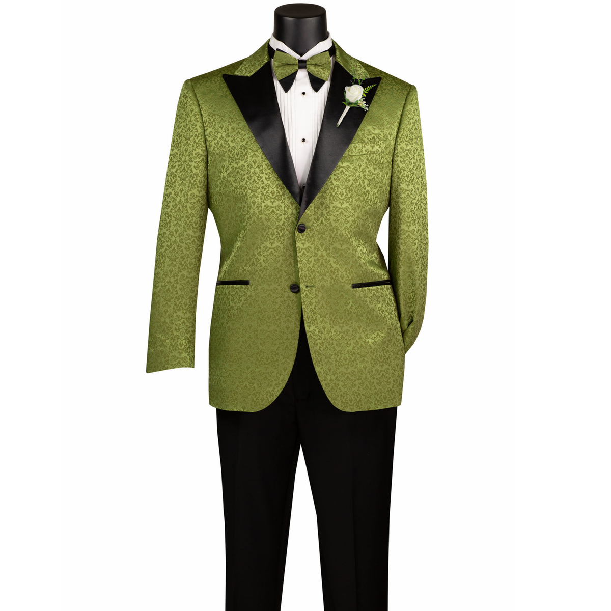 Floral Jacquard 2 Button Reg Fit Tuxedo Jacket in Pesto Green