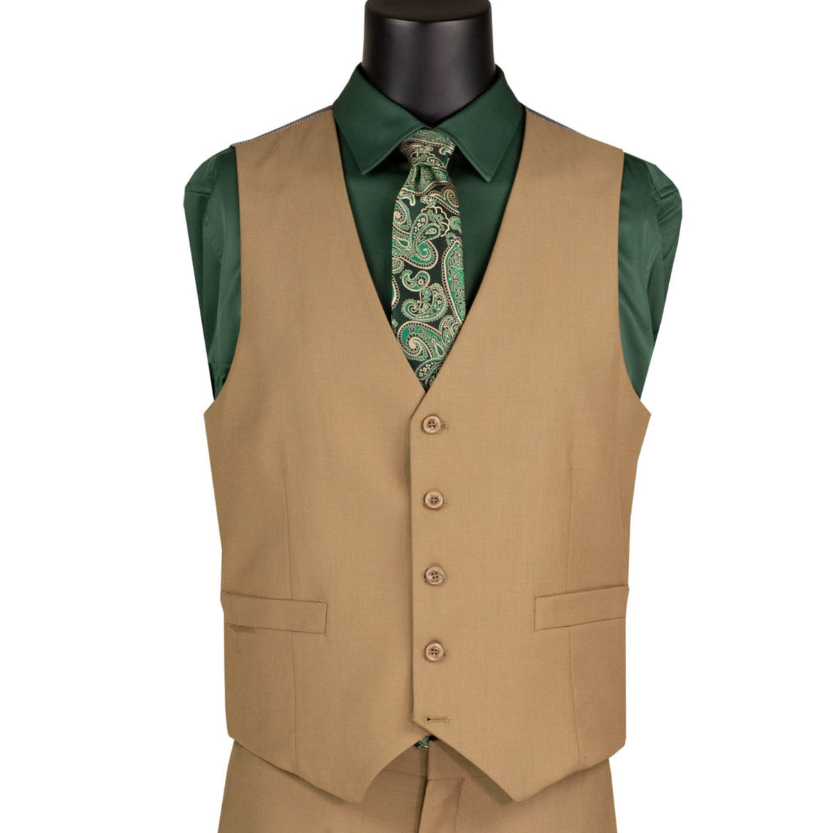 3 Piece 2 Button Classic Fit Suit w/ Flexible Waistband in Khaki