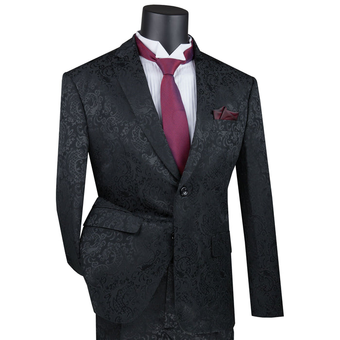 Textured Tonal Paisley Slim-Fit Suit in Black