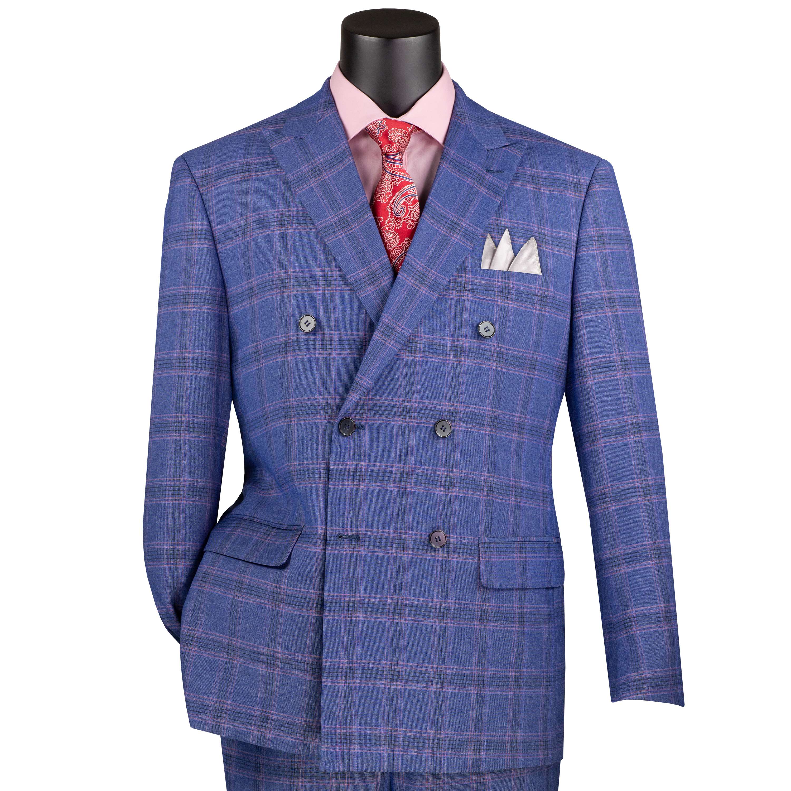 VINCI Men's Blue Glen Plaid Double Breasted Modern Fit Suit